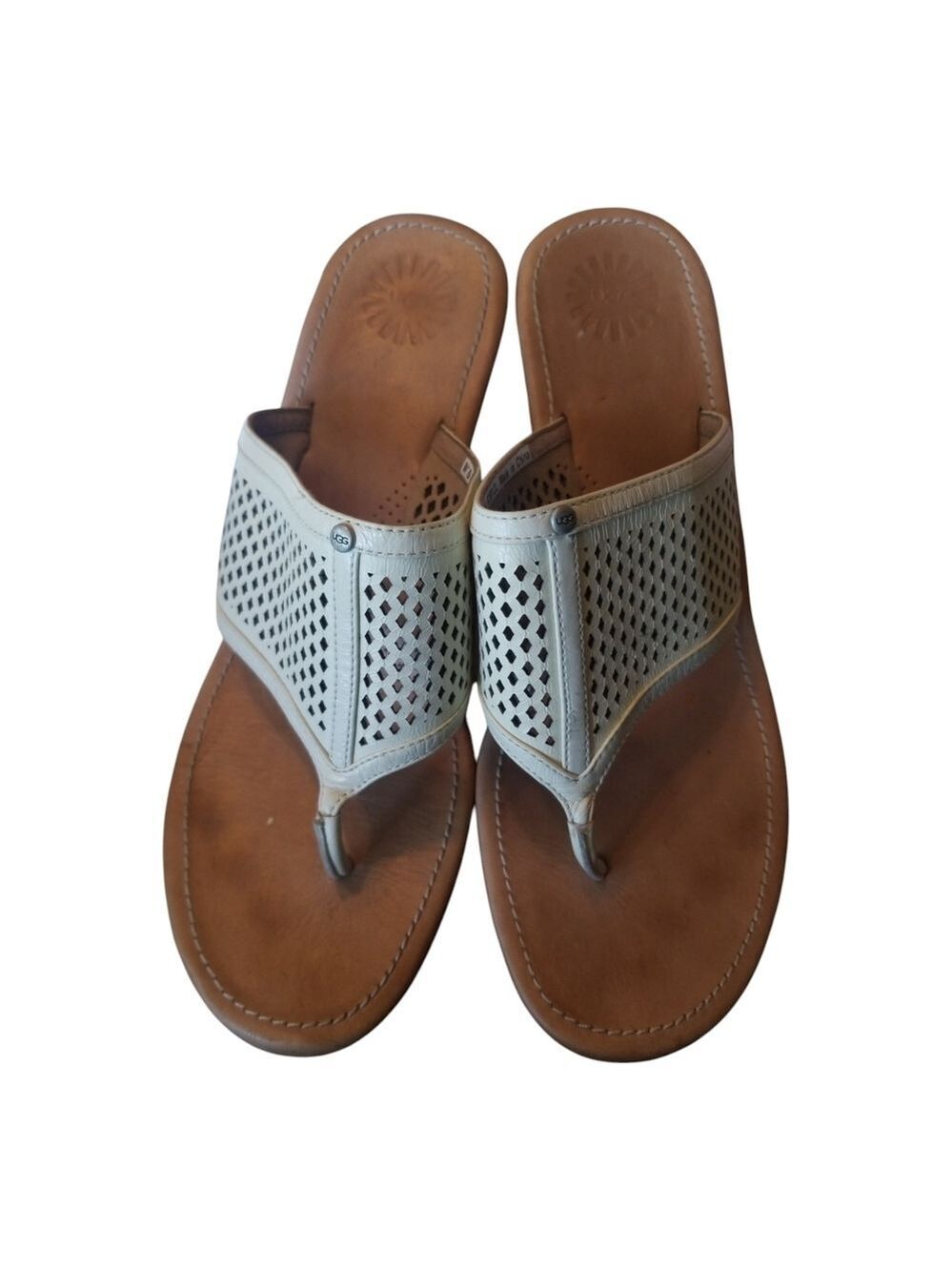 UGG Leather Solena Cream Tan Wedge Sandals with Cushioned Footbed
